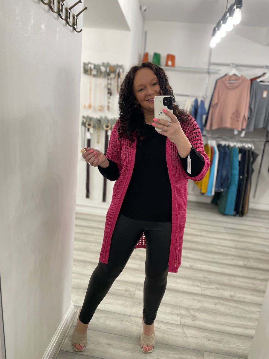 Long pink 2024 cardigan outfit